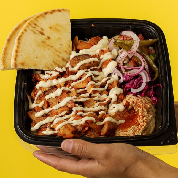 Takeout container with chicken shawarma, hummus, red cabbage, onions, pickles, and pita bread.