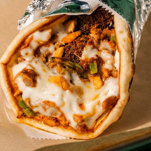 A close-up of a cheesy, saucy wrap with chicken, green peppers, and falafel, partially unwrapped.