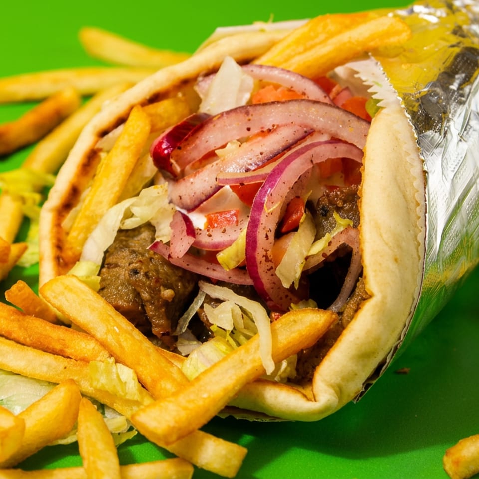 A gyros wrap with meat, red onions, lettuce, and tomatoes, surrounded by french fries.